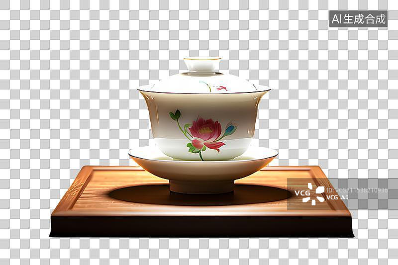 【AI数字艺术】一杯放在木制托盘里的茶，盖碗茶，一个盖碗，茶盏，茶杯茶具，瓷器，茶道，茶文化，喝茶饮茶免抠元素图片素材