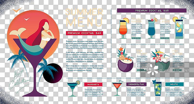 夏季鸡尾酒菜单设计，玻璃杯中的美人鱼图片素材