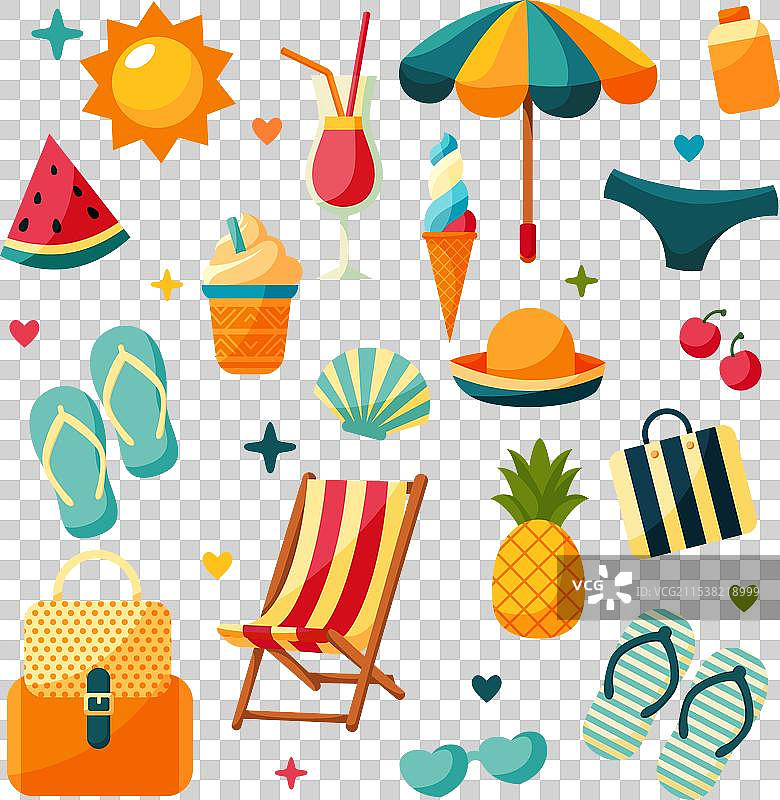 卡通夏季套装与海滩元素，夏日时光图片素材