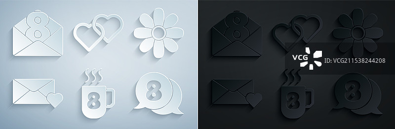 带有3月8日花朵信封的咖啡杯组合图片素材