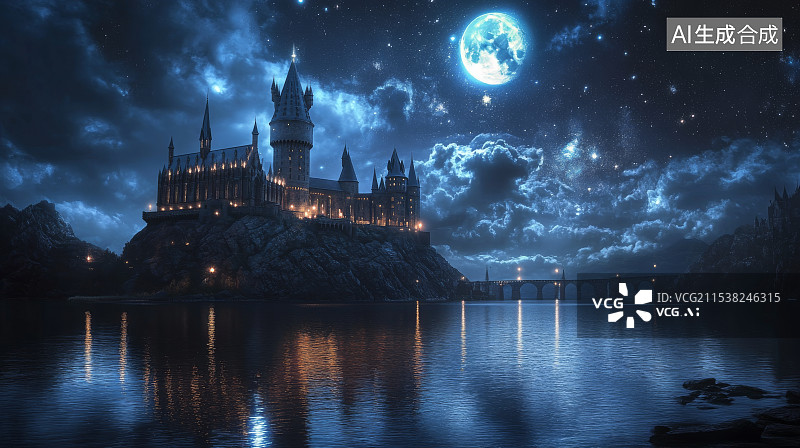 【AI数字艺术】月光照耀下的欧式城堡图片素材