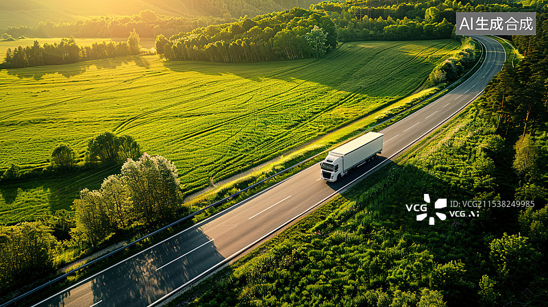 【AI数字艺术】卡车在黄昏的柏油路上行驶航拍图片素材