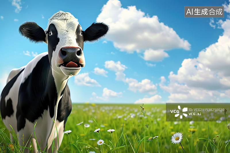 【AI数字艺术】一头草原上的奶牛——牛奶广告背景图片素材