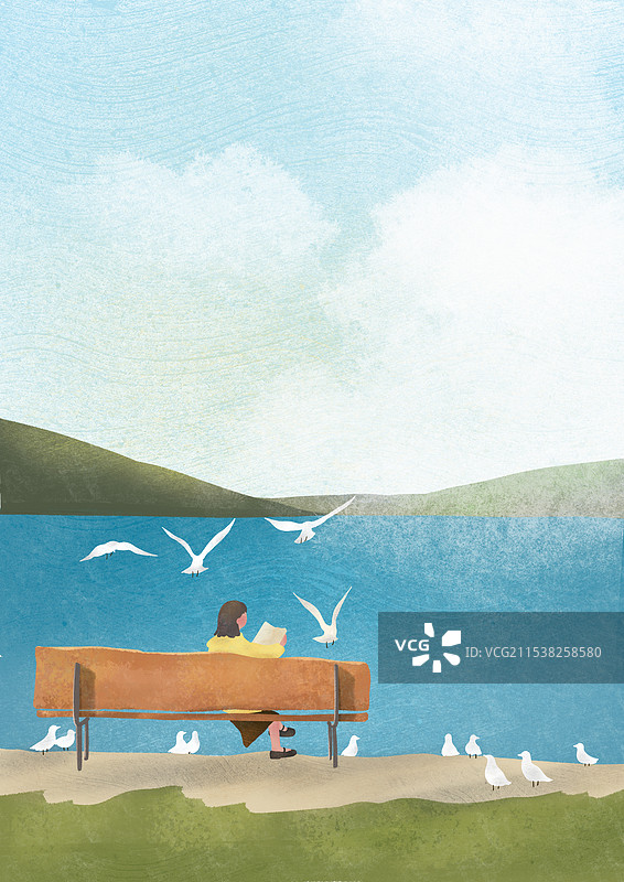 在湖边长椅上看书的女孩风景插画图片素材