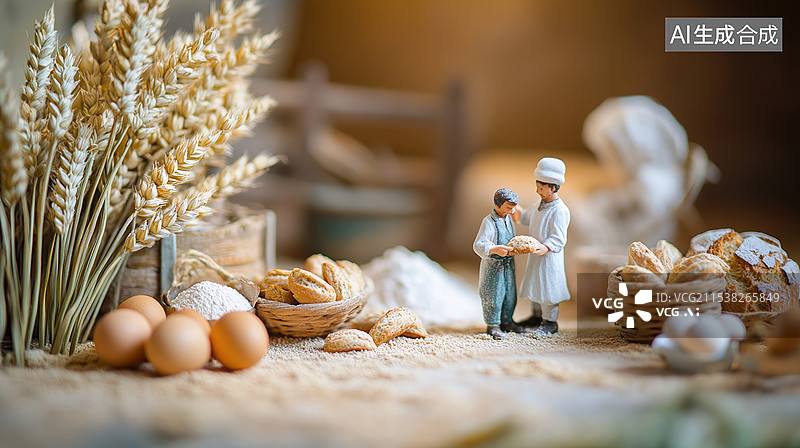【AI数字艺术】微缩美食场景：两位面包师在迷人的面包店环境中制作手工小麦面包面粉鸡蛋和麦穗美食主题背景健康生活方式图片素材