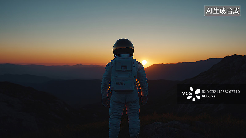 【AI数字艺术】外太空孤独宇航员山峰上空夕阳西下宇宙探索与地球之美的超现实景观背景图片素材