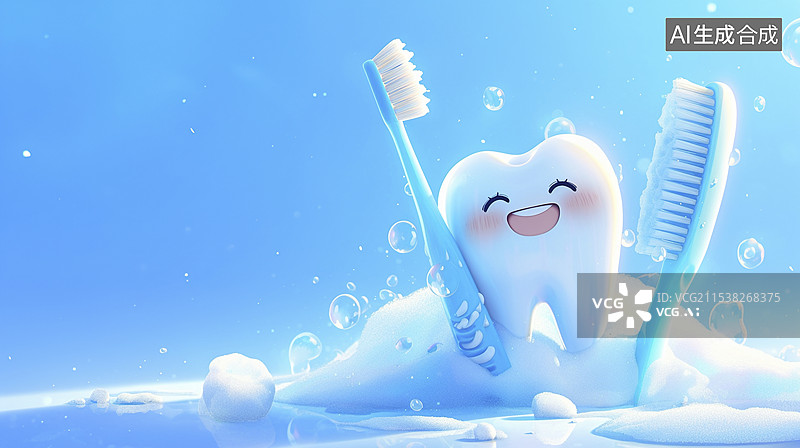 【AI数字艺术】3D可爱的牙齿模型拿着牙刷——口腔护理概念图片素材