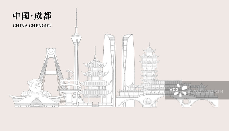 成都城市地标建筑插画线稿图片素材