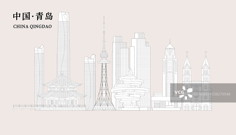青岛城市地标建筑插画线稿图片素材