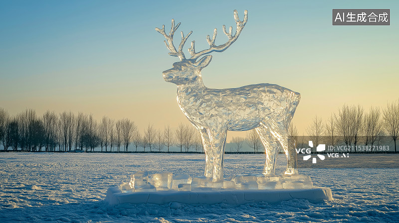【AI数字艺术】冬天的梅花鹿冰雕图片素材