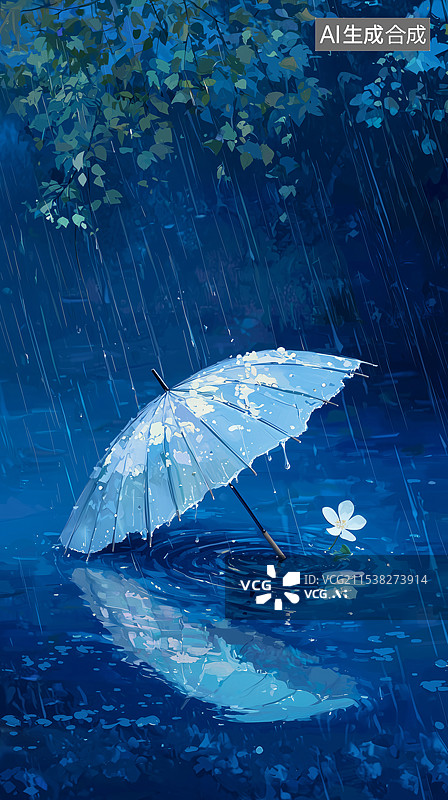 【AI数字艺术】蓝色雨伞下的宁静图片素材