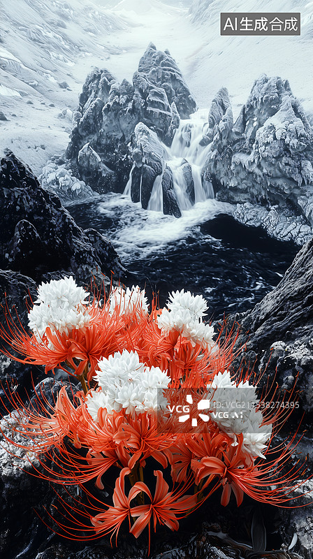【AI数字艺术】冰雪山谷中的红花石蒜图片素材