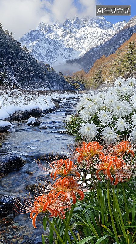 【AI数字艺术】冰雪山谷中的红花石蒜图片素材
