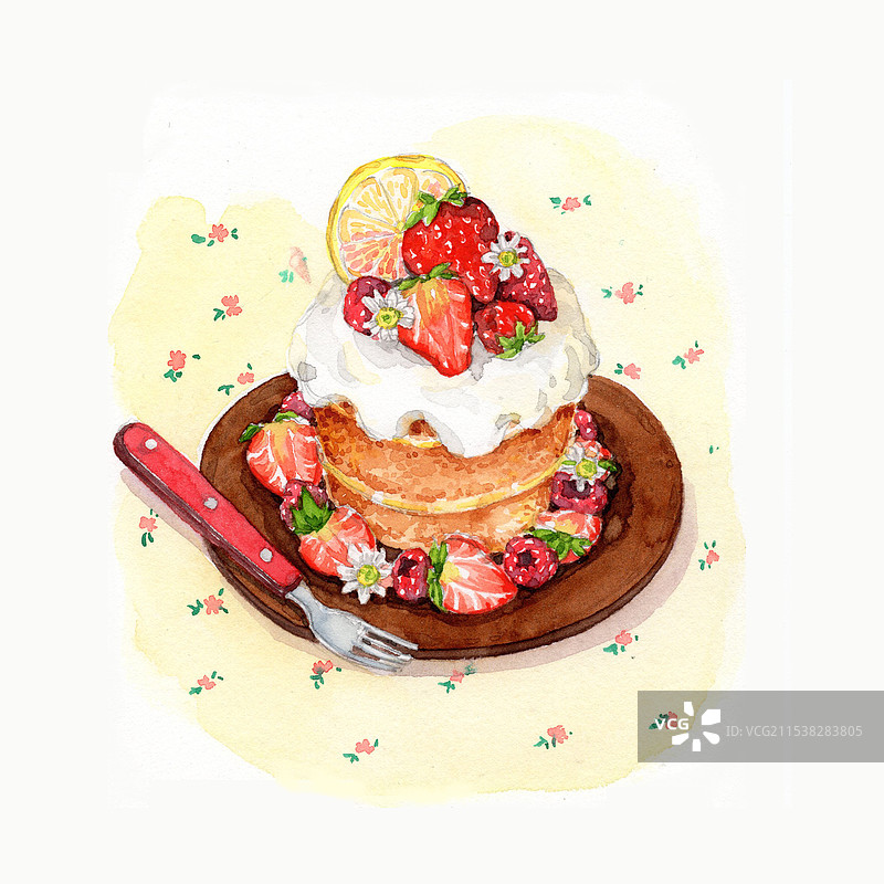 水彩手绘圣诞草莓奶油蛋糕插画图片素材