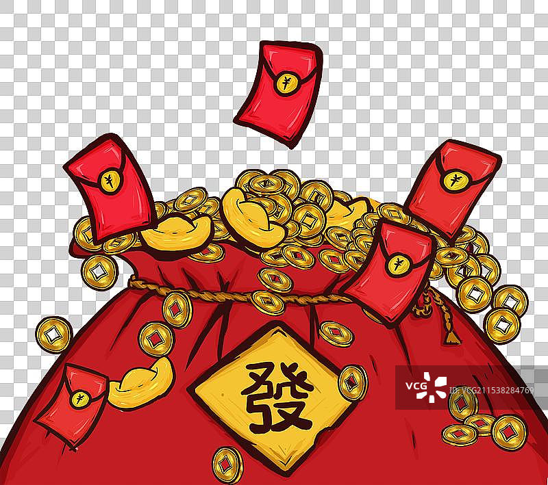卡通描边国潮风红包和钱袋免扣元素图片素材