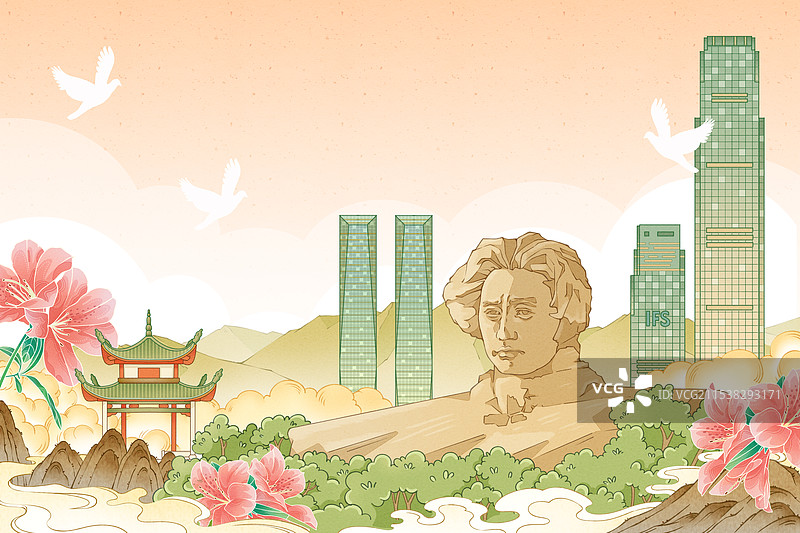 长沙印象城市国潮风插画图片素材