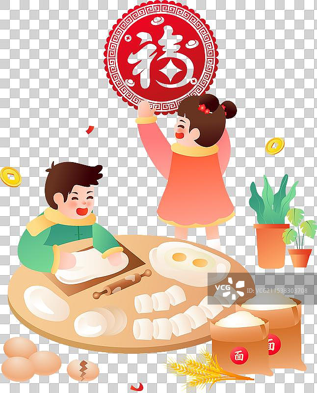 中国传统年俗腊月二十八把面发 贴窗花插画元素图片素材