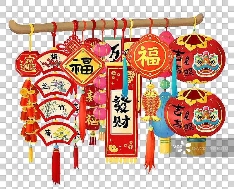 春节年俗插画腊月二十七赶大集买灯笼对联装饰物设计元素福字灯笼挂饰图片素材