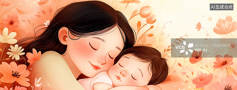 【AI数字艺术】漂亮的妈妈和可爱宝宝在床上睡眠插画图片素材