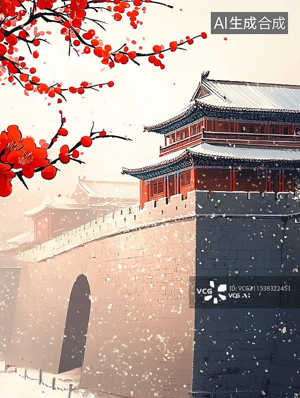 【AI数字艺术】冬天盛开的红梅腊梅，中国古建筑宫殿雪景，大雪小雪冬至大寒小寒节气概念图片素材