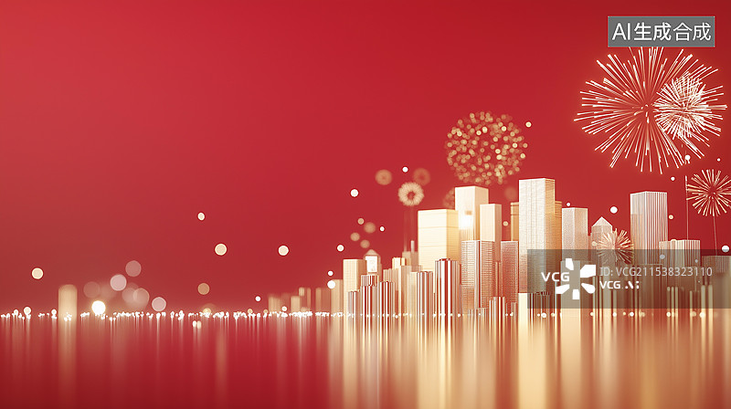 【AI数字艺术】新年春节喜庆氛围红色背景——金色城市天际线与烟花图片素材