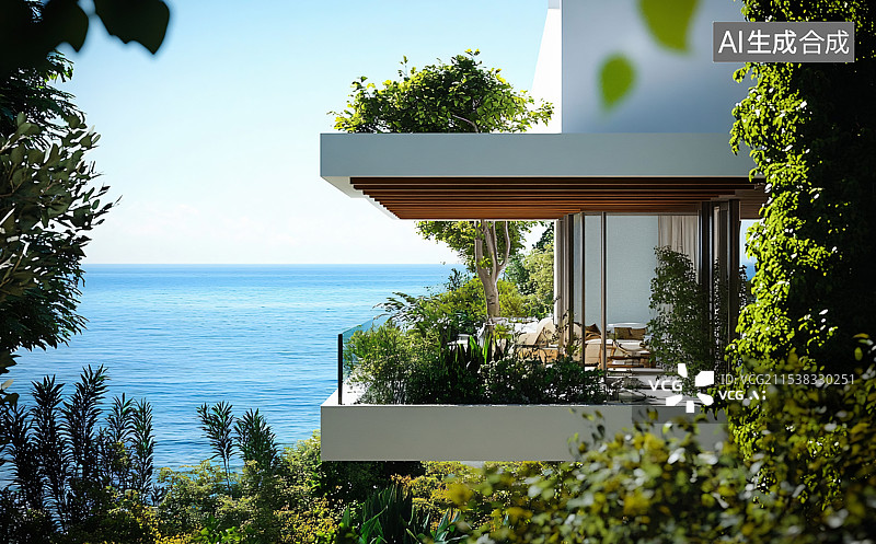 【AI数字艺术】豪华的海景别墅或度假酒店，适合完美的假期和高端旅行体验。图片素材