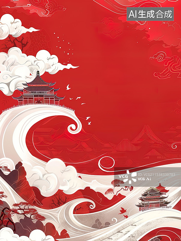 【AI数字艺术】云，祥云，国风，红色，新年，元旦，春节，背景图片，海报，可自行加字图片素材