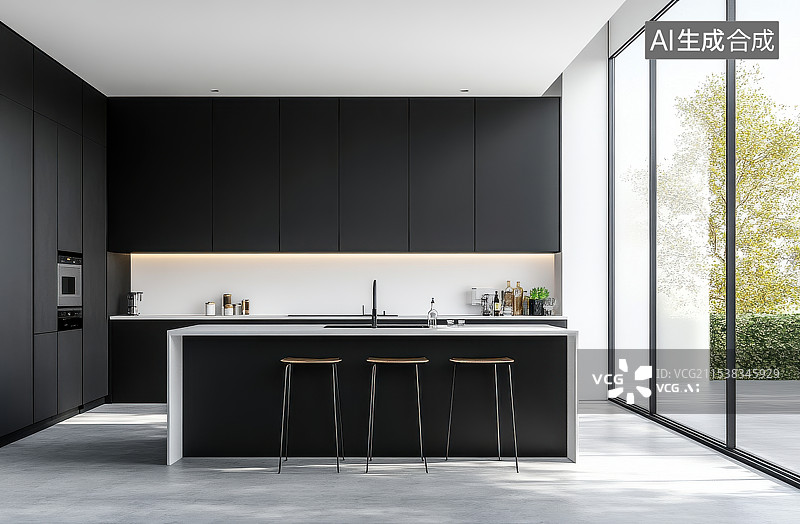 【AI数字艺术】现代简约轻奢风开放式厨房图片素材