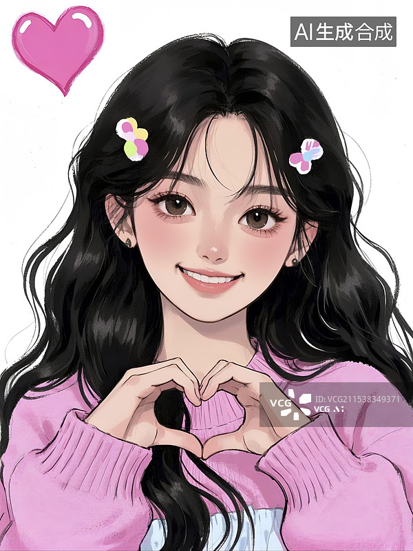 【AI数字艺术】穿粉色衣服比心的女孩图片素材