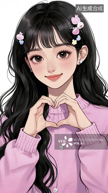 【AI数字艺术】穿粉色衣服比心的女孩图片素材