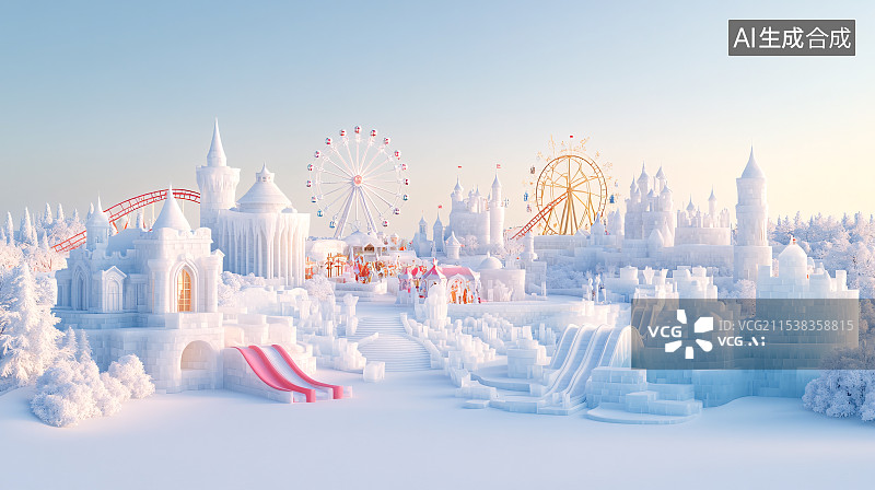 【AI数字艺术】冬天游乐园冰雪世界插画图片素材