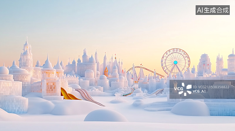 【AI数字艺术】冬天游乐园冰雪世界插画图片素材