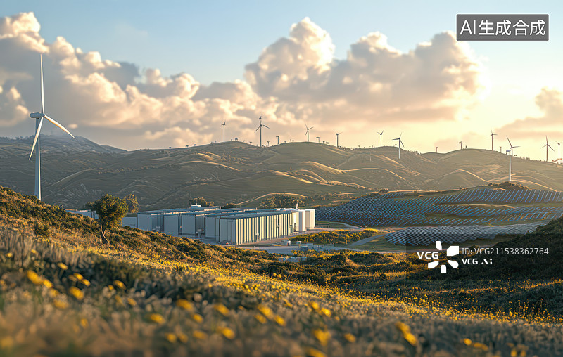 【AI数字艺术】风力发电机光伏发电储能电站图片素材