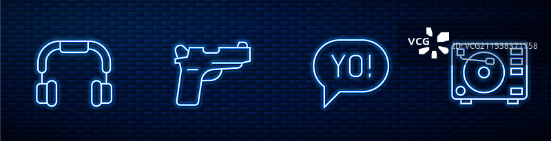 设置线条，街头俚语字母，耳机，手枪或图片素材