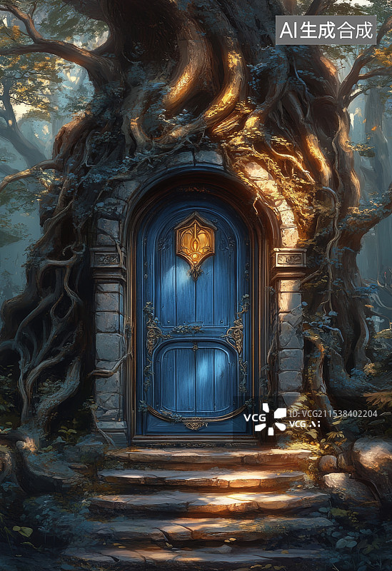 【AI数字艺术】游戏元素插画古树上的魔法门图片素材
