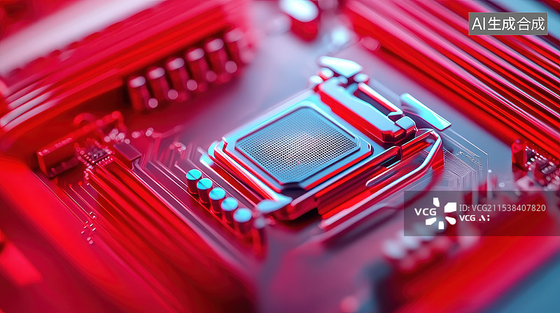【AI数字艺术】红色计算机主板上的CPU特写图片素材