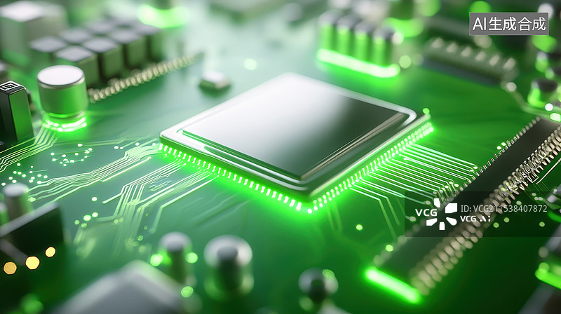 【AI数字艺术】绿色发光的计算机芯片和电路板图片素材