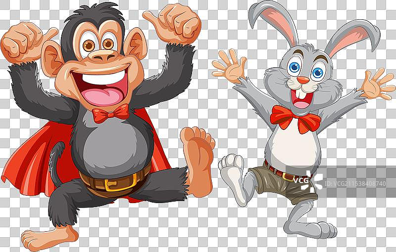 卡通猴子和兔子穿着超级英雄服装图片素材
