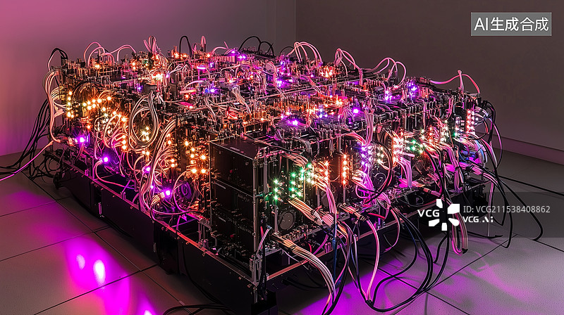 【AI数字艺术】超级计算机配备精密线路和先进冷却系统，在受控环境中处理海量信息图片素材