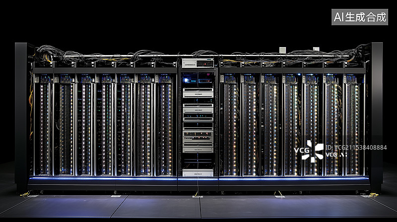 【AI数字艺术】超级计算机配备精密线路和先进冷却系统，在受控环境中处理海量信息图片素材