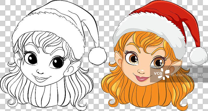 一个戴着圣诞老人帽子的女孩，彩色和线条艺术风格图片素材