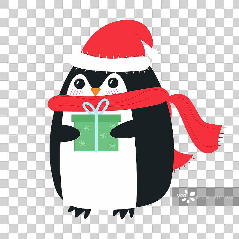 一只戴着红色帽子和围巾的企鹅正在拿着一个图片素材