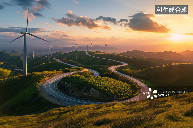 【AI数字艺术】黄昏野外环境中的公路和风力发电机图片素材