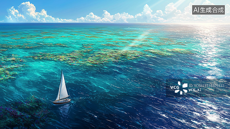 【AI数字艺术】一幅清新生动的日本动漫电影风格插画，描绘了一艘小船在大堡礁清澈的蓝绿色海水中漂流，水下隐约可见色彩斑图片素材