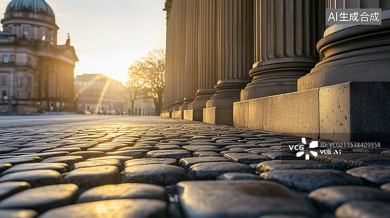 【AI数字艺术】法院大楼外景于日落时分，金色阳光在鹅卵石小径上投下长长的影子。建筑细节精致，有柱子和圆顶，背景是模糊图片素材