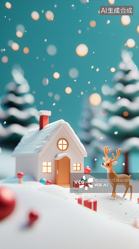 【AI数字艺术】电商风格新年鞋盒，采用圣诞主题包装纸，饰以红绿图案，盒子上配有白色和金色标签，印有各种形状的雪花、花图片素材