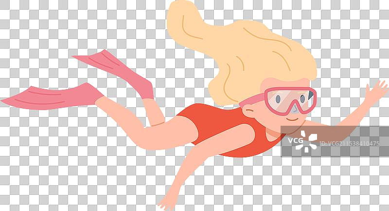 戴着潜水面罩和脚蹼的女孩在水中游泳，背景为单色。图片素材