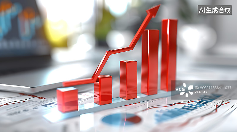 【AI数字艺术】堆积排列增高的积木和增长的箭头——金融股市股票增长概念图片素材