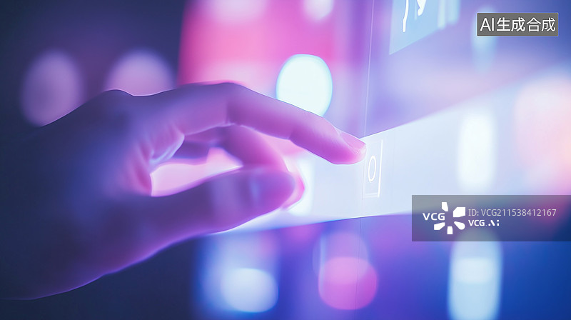 【AI数字艺术】一只手悬停在数字屏幕的搜索框上，光标闪烁，突显搜索信息的动作，背景模糊。图片素材