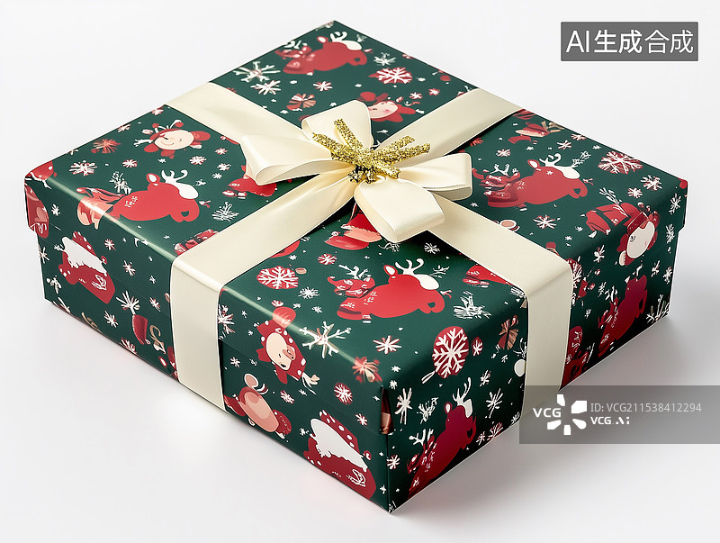 【AI数字艺术】电商风格鞋盒，新年礼物包装采用圣诞主题，饰以红绿图案，配有白色和金色标签，盒面印有雪花、花朵、卡通形图片素材